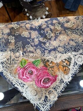 Floral Lace Triangle Scarf in Navy with Pink Roses
